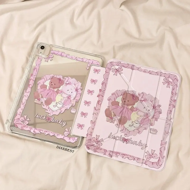Lolita Style Luckybaby Bear Rabbit iPad Case, Tablet Casing, Tablet Accessories, Multi-Angle Foldable Stand, Mirror Anti-Drop Protective Back Cover with Pen Slot, Fits iPad 10/9/8 Gen, Pro 11", Air 3/4/5