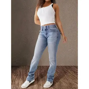 Women's high-waisted stretch jeans-elegant straight design, spandex and polyester blend material, mid-waisted, slant pockets, machine washable, all-match daily for all seasons