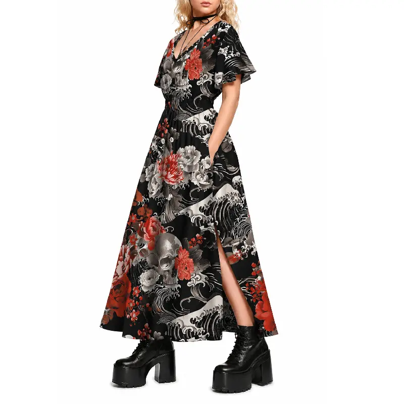 Rgothic Women's Plus Size A-Line Midi Casual Dress - Short Sleeve, Floral  Skull Crow Branch Distressed Print, Split Pockets, Goth Clothes, Casual  Wear for Spring Autumn - TikTok Shop