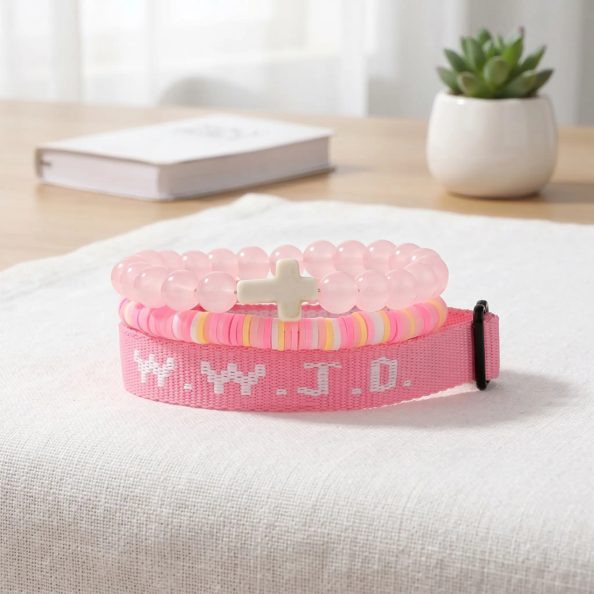 Preppy Style WWJD Cross Bracelet Set| 3Pcs Adjustable Fabric & Beaded Wristbands| Aesthetic Faith Jewelry for Teen Girls| TikTok Viral Trend Christian Accessories-YY0