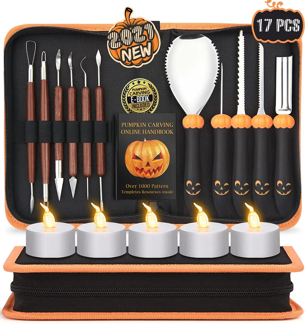 Upgraded 21 PCS Pumpkin Carving Kit for Adults & Kids with Professional Detail Sculpting Tools Heavy Duty Stainless Steel Knife Set with Carrying Case for Halloween Decoration
