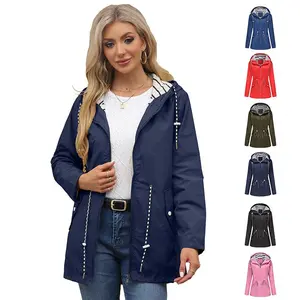 BIGWIG Women's Long-Sleeved Waterproof Hooded Jacket, Mid-length Windproof Jacket, Lightweight and Breathable, Solid Color, Suitable for Outdoor Activities and Spring/Autumn Wear