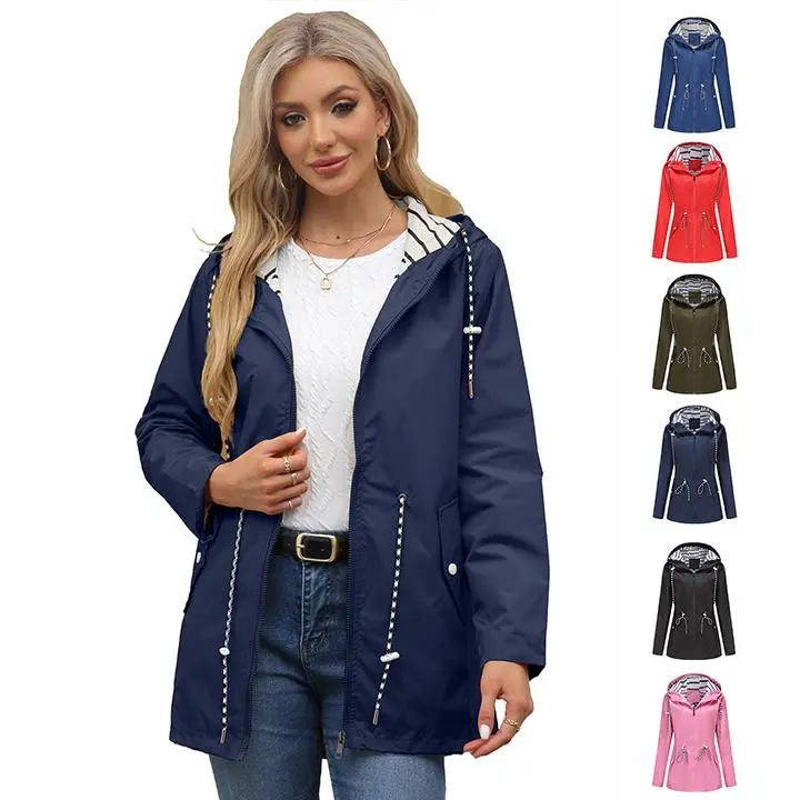 BIGWIG Women's Long-Sleeved Waterproof Hooded Jacket, Mid-length Windproof Jacket, Lightweight and Breathable, Solid Color, Suitable for Outdoor Activities and Spring/Autumn Wear