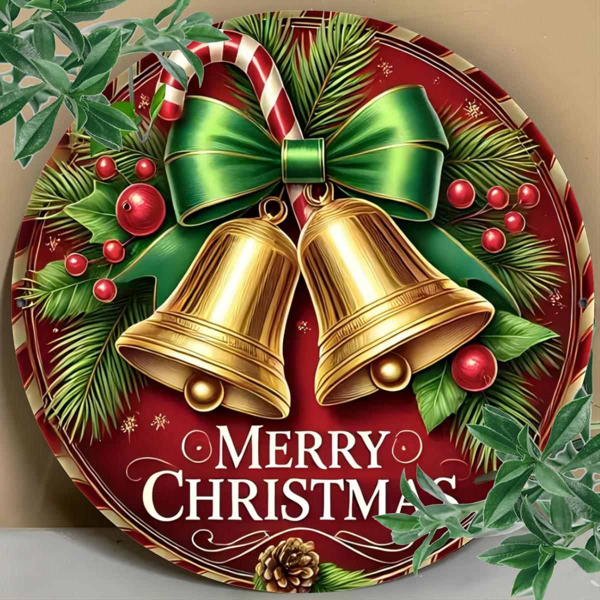 Christmas Bell Metal Wall Decor 8x8 Inch Round Iron Sign for Home Bar Garage Club Restaurant Cafe Room Decor Vintage Holiday Gift Idea