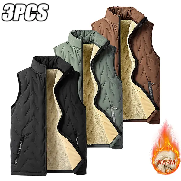 Men's 3-Piece Athletic Basic Warm Vest Set - Fleece-Lined Zippered Sleeveless Waistcoat, Autumn/Winter Outerwear for Everyday & Outdoor Use