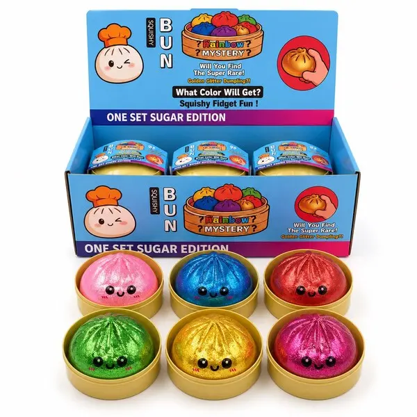 Mystery Squishy Bun Toy, Glitter Fidget Sensory Item (Ages 5+)