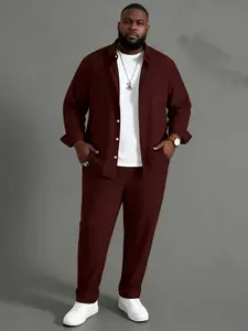 Plus Size Men's Casual Sport Suit Outdoor Leisure Button Closure Jacket & Pants Set for Spring Summer Adult Males Black Trouser Menswear Gamis - Clothes Formal Long Sleeve