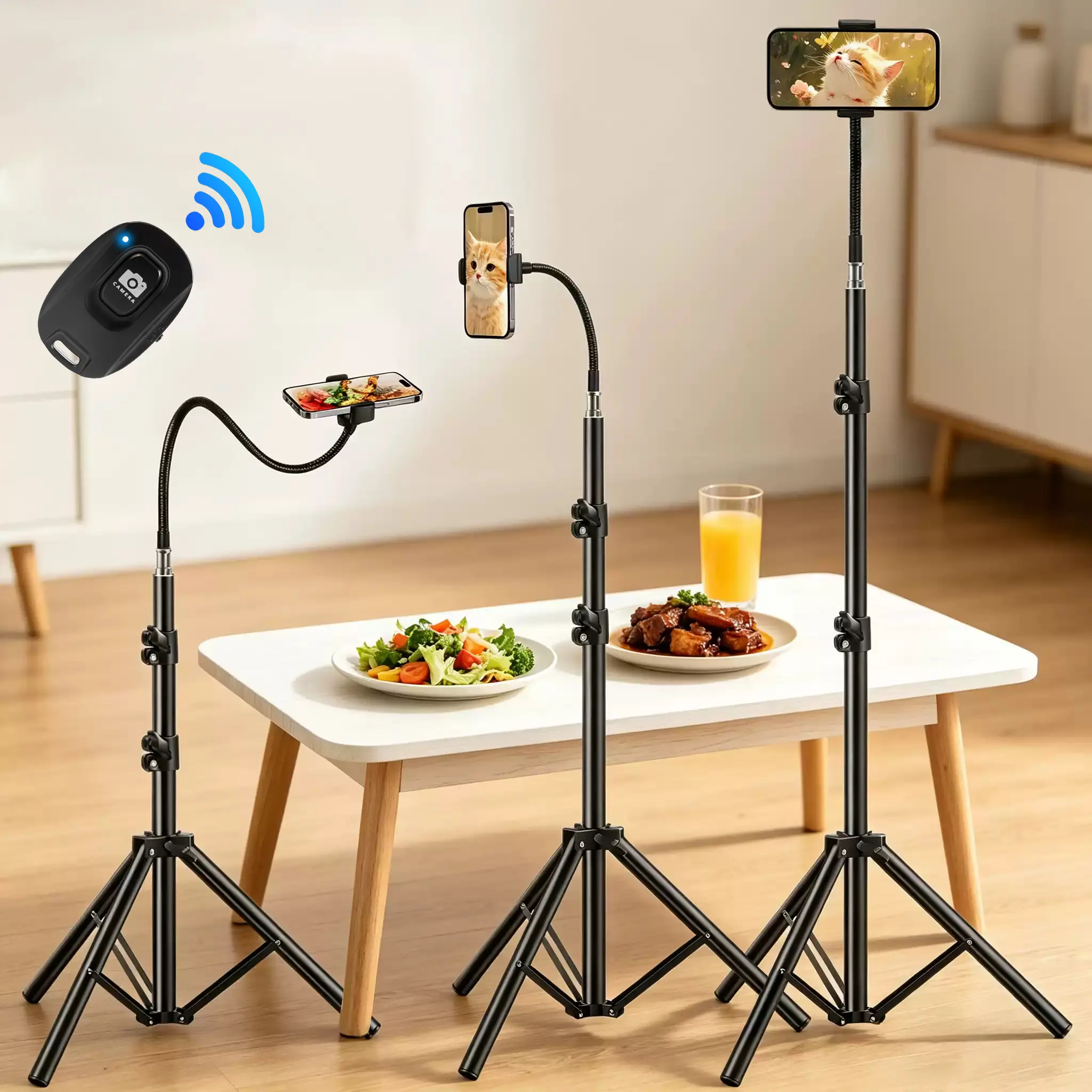 63" Tall All-in-1 Multi-Purpose Phone Tripod with Flexible Gooseneck Phone Holder, Bendable Gooseneck Tube & Wireless Shutter Remote, Perfect for Daily Vlogs, Fitness Live Streams