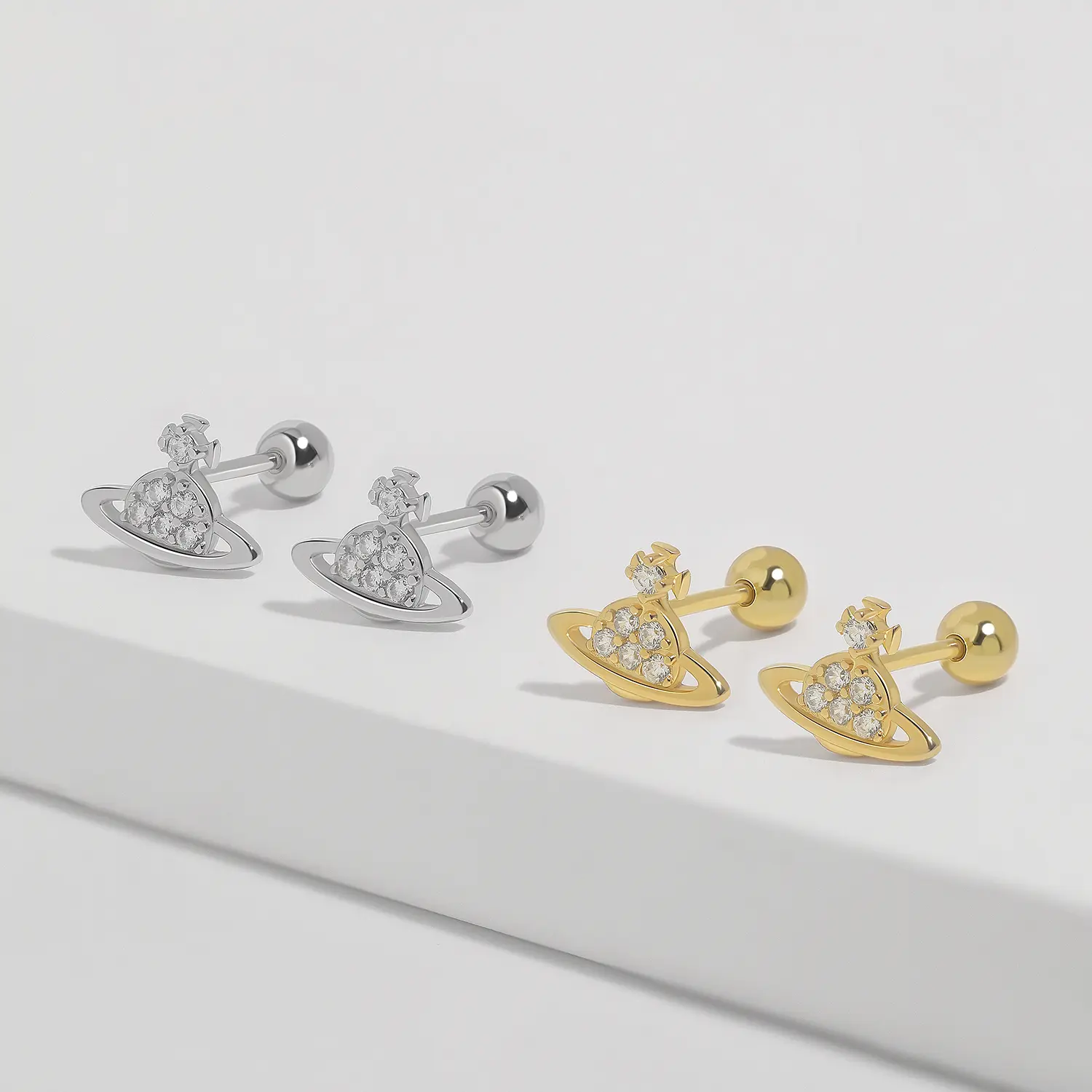 Saturn Screw Back Earrings, S925 Silver & Gold Dainty Universe Planet Gold Saturn 20g Studs Celestial Saturn Cartilage Spaceship 20 Gauge Earrings Multi Piercings Stackable Hypoallergenic Comfort Sleep-On Jewelry Gift Her Him Girls Kids Christmas Birthday