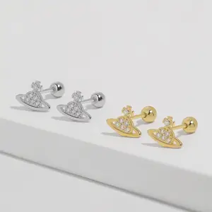 Saturn Screw Back Earrings, S925 Silver & Gold Dainty Universe Planet Gold Saturn 20g Studs Celestial Saturn Cartilage Spaceship 20 Gauge Earrings Multi Piercings Stackable Hypoallergenic Comfort Sleep-On Jewelry Gift Her Him Girls Kids Christmas Birthday