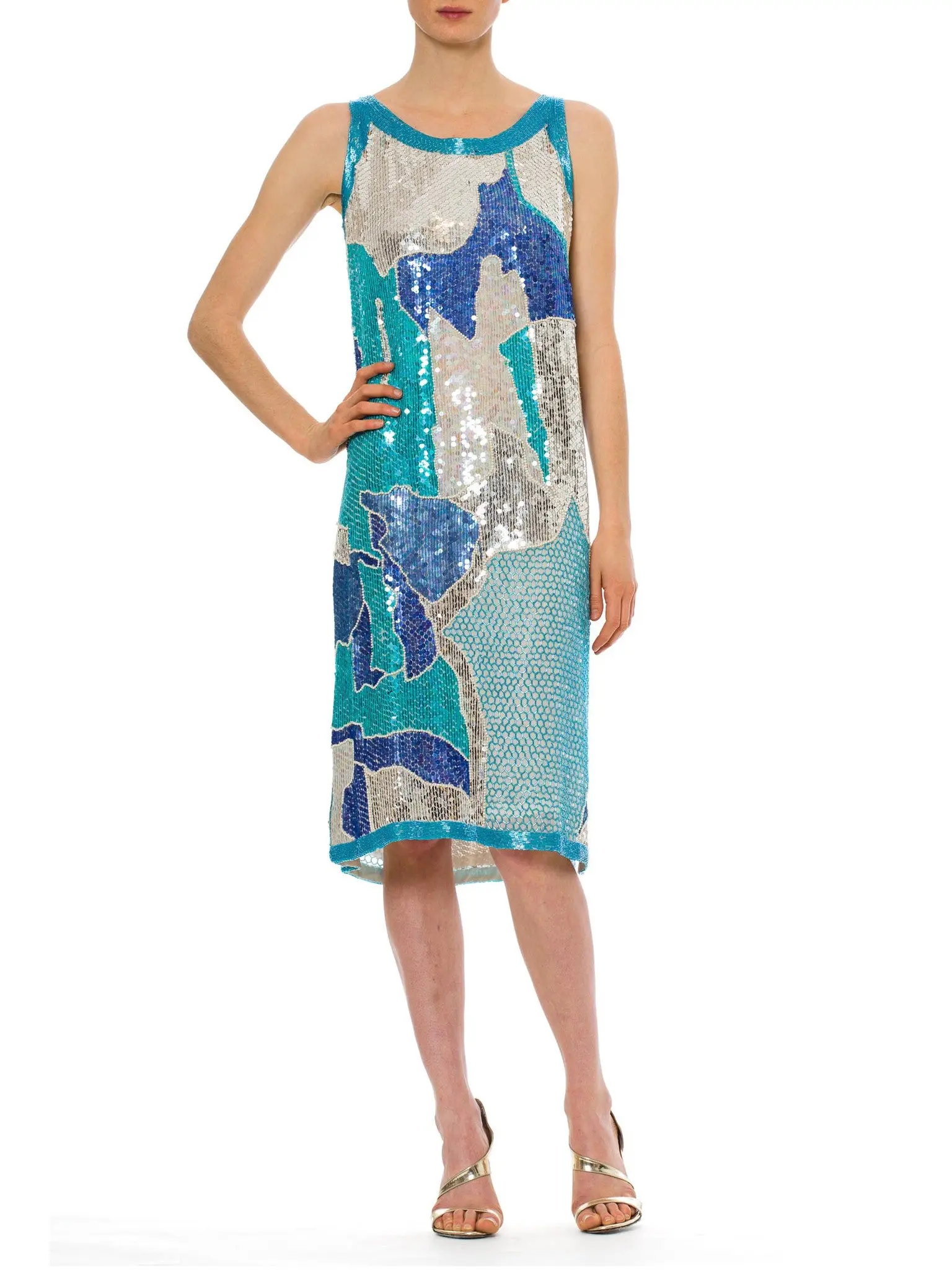1980S Aquamarine Beaded Silk Cracked Glacier Ice Cocktail Dress