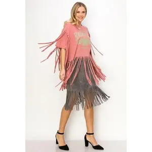 Vocal Apparel Fringe Arm & Hem Crew Neck Short Sleeve Cropped Knit "Nashville" Top | SMALL & LARGE  ONLY