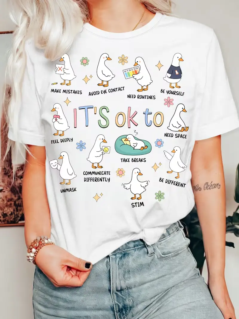 Women's Short-Sleeve Colorful Floral Knit Cotton T-Shirt - Breathable, Healing "It's Ok To Be Cute Duck" Positive Quote Graphic, Daily Comfort Casual Tee