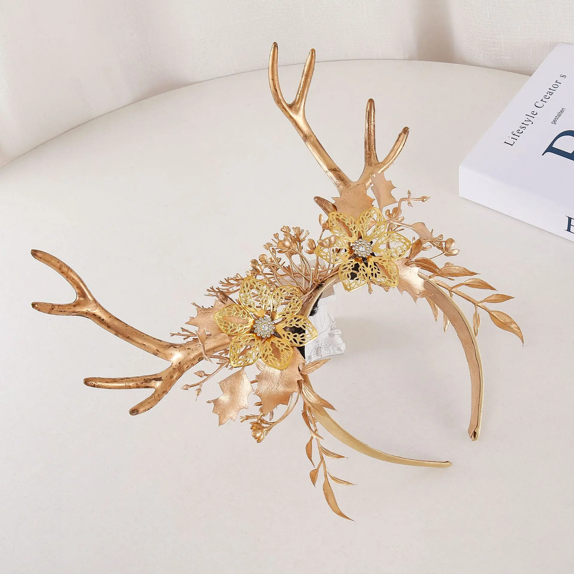 Handmade Gold Flower Antler Headband Woodland Forest Deer Horns Women Girls 71CAYIWdF-L.jpg_BO30,255,255,  main image 2