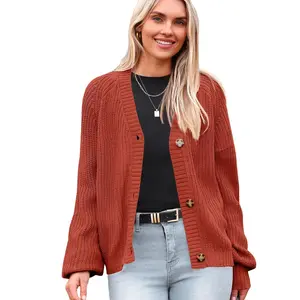 Women's 2025 Fall Chunky Knit Cardigans Open Front Long Sleeve V Neck Button Loose Cardigan Sweaters Christmas Casual Womenswear Soft Knitwear