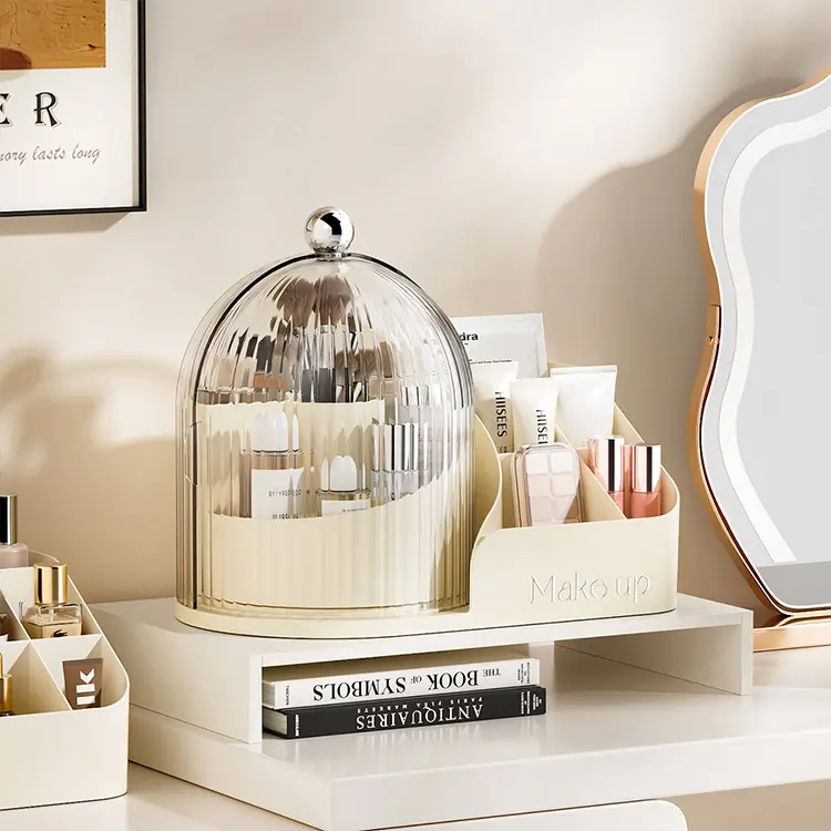 Aesthetic Dome Makeup Organizer with Side Trays - Dustproof Large-Size Cosmetic Storage Case, Vanity Desk Holder for Skincare & Brushes (Camping & Hiking Picnicware Accessory)