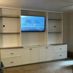 Custom Wooden Entertainment Center, Built-in Cabinets & Shelves, Elegant Design for Home Entertainment