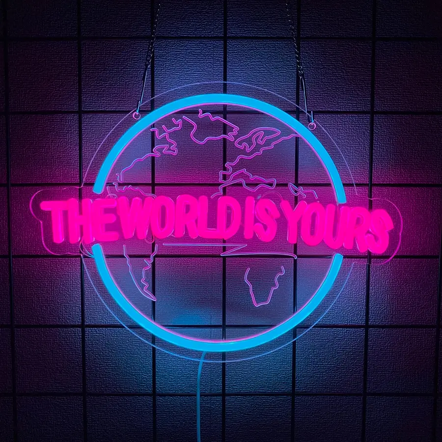 World Is Your Neon Sign LED Lighted Wall Decor, Carved Planet World Light for Office Wedding Man Cave Game Room Bedroom Birthday Gift USB Powered Easy Hang