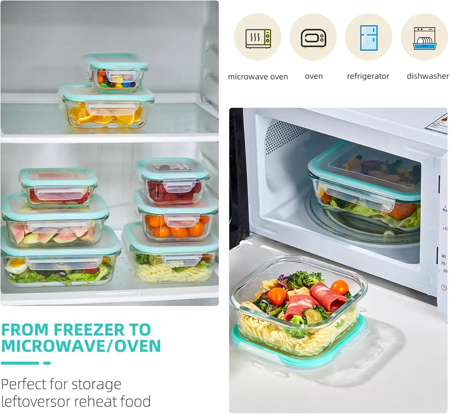 Premium Borosilicate pink Food Storage Containers 8 Pack Stackable Square Design with Airtight Lids Green Rectangle Safe for Oven Microwave Freezer High Temperature Durable Kitchen Utensils#Summervibes