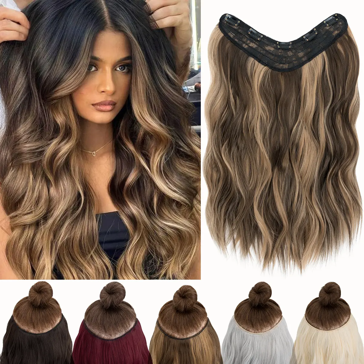 Women's 18-Inch Clip-In Curly Wavy Synthetic Hair Extensions, All-In-1 Curly Synthetic Hairpiece, Mixed Color Options for Daily Use, Mixed Color Hairpiece