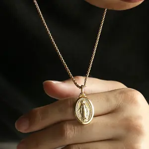 Gold Plated Oval Virgin Mary Charm Pendant Necklace 2MM 18-24 inch Box Chain for Women Men
