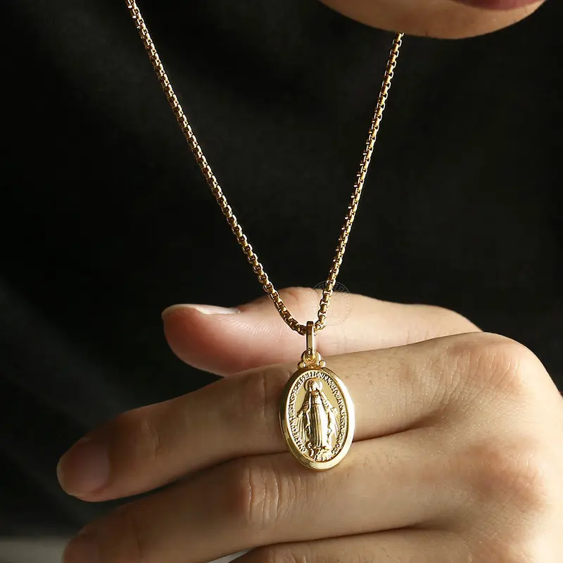 Gold Plated Oval Virgin Mary Charm Pendant Necklace 2MM 18-24 inch Box Chain for Women Men