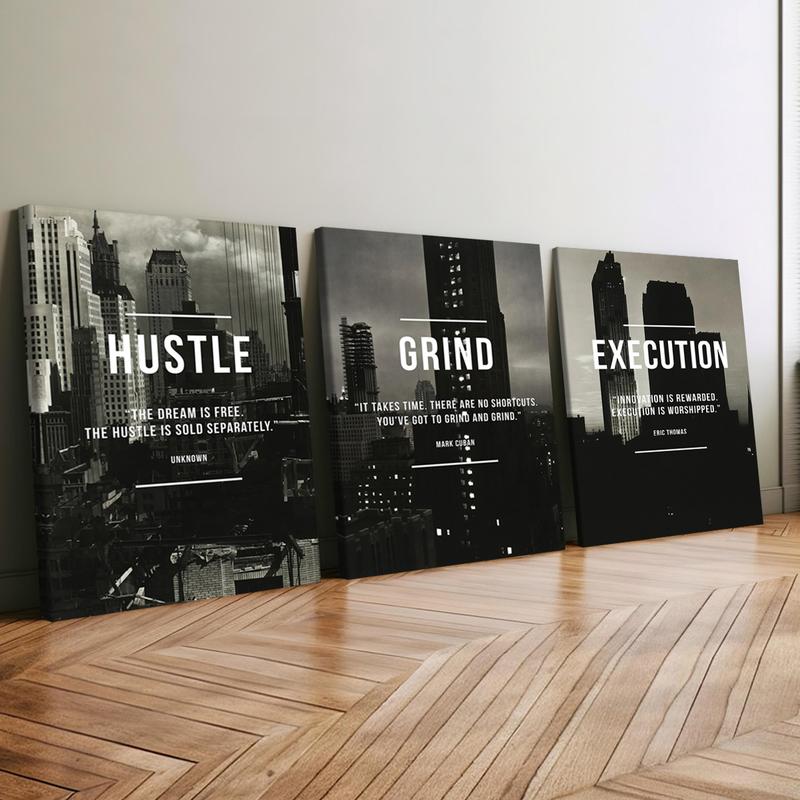 3Pcs Wooden Framed Canvas Painting, Black And White Cityscape With Motivational Quotes, Exquisite Poster, Home Decoration, Pattern Wall Art Decor, For Living Room, Bedroom, Office, Restaurant, Bar Wall Decor, Odorless, Painting, Print Artwork.