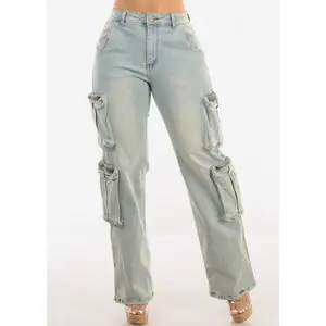 Super High Waist Straight Wide Leg Stretch Light Cargo Jeans