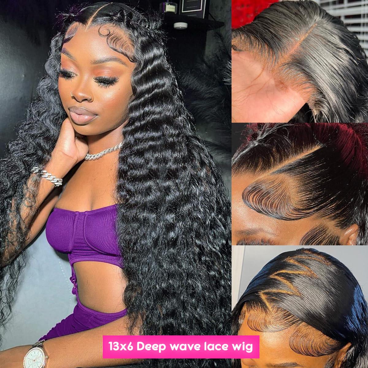 34 36 Inch Deep Wave 13x6 13x4 Lace Front Human Hair Wig 180Density Water Wave 13x6 HD Transparent Lace Frontal Wig Human Hair For Women