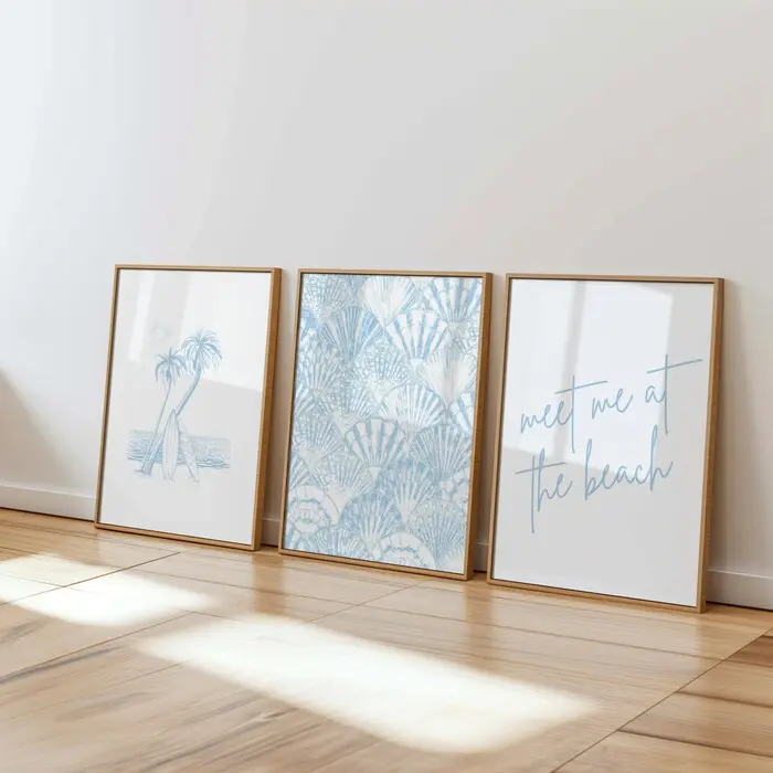 Coastal Wall Art Set of 3 – Blue Shell Print, Surfboard Palm Tree Art & Beach Quote for Dorm, Bedroom or Apartment Decor Modern Floral Paintings Wood Wall Art