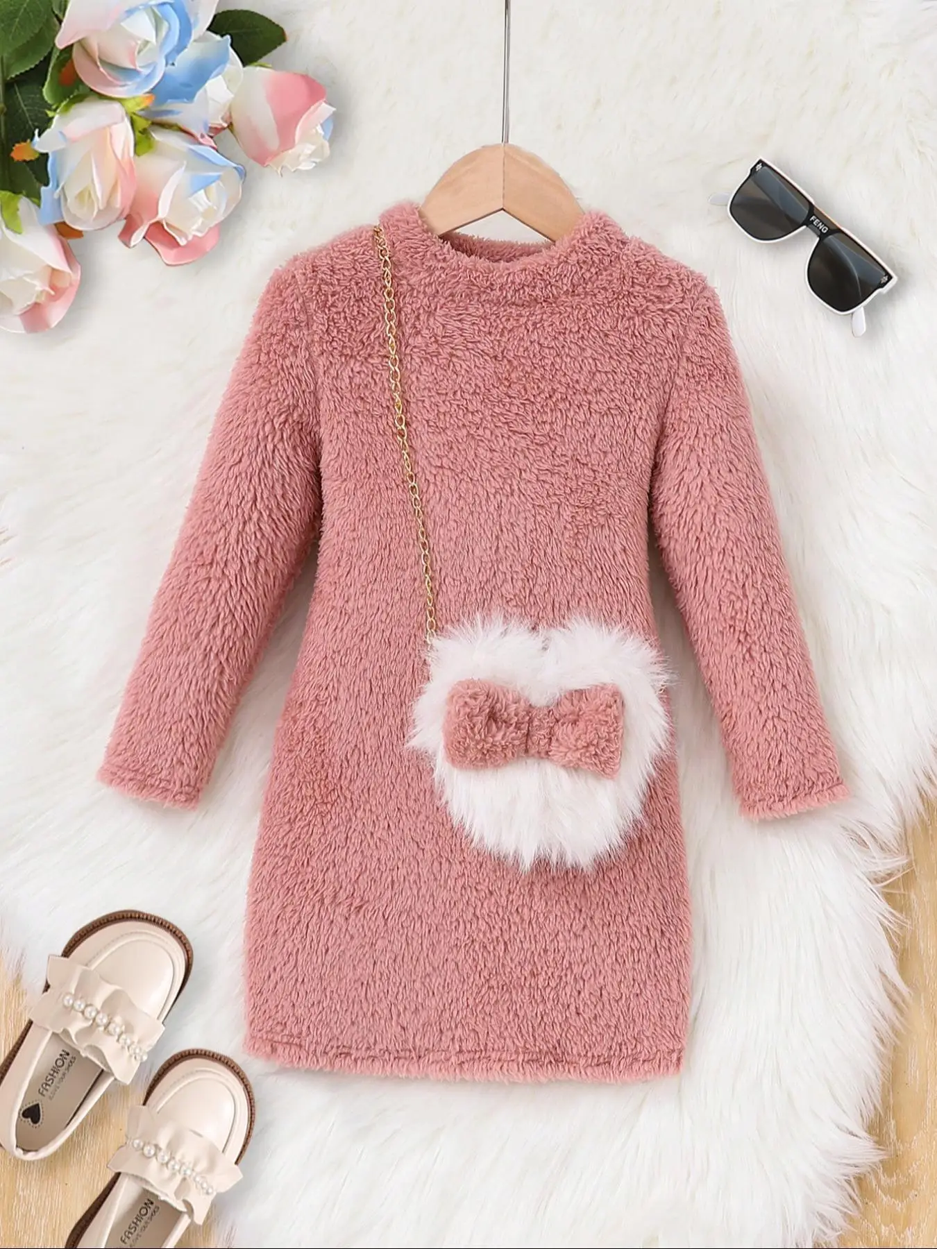 Girls' Solid Color Fuzzy Dress & Bow Decor Chain Link Bag Set, Cute Fashion Casual Round Neck Long Sleeve for Fall & Winter