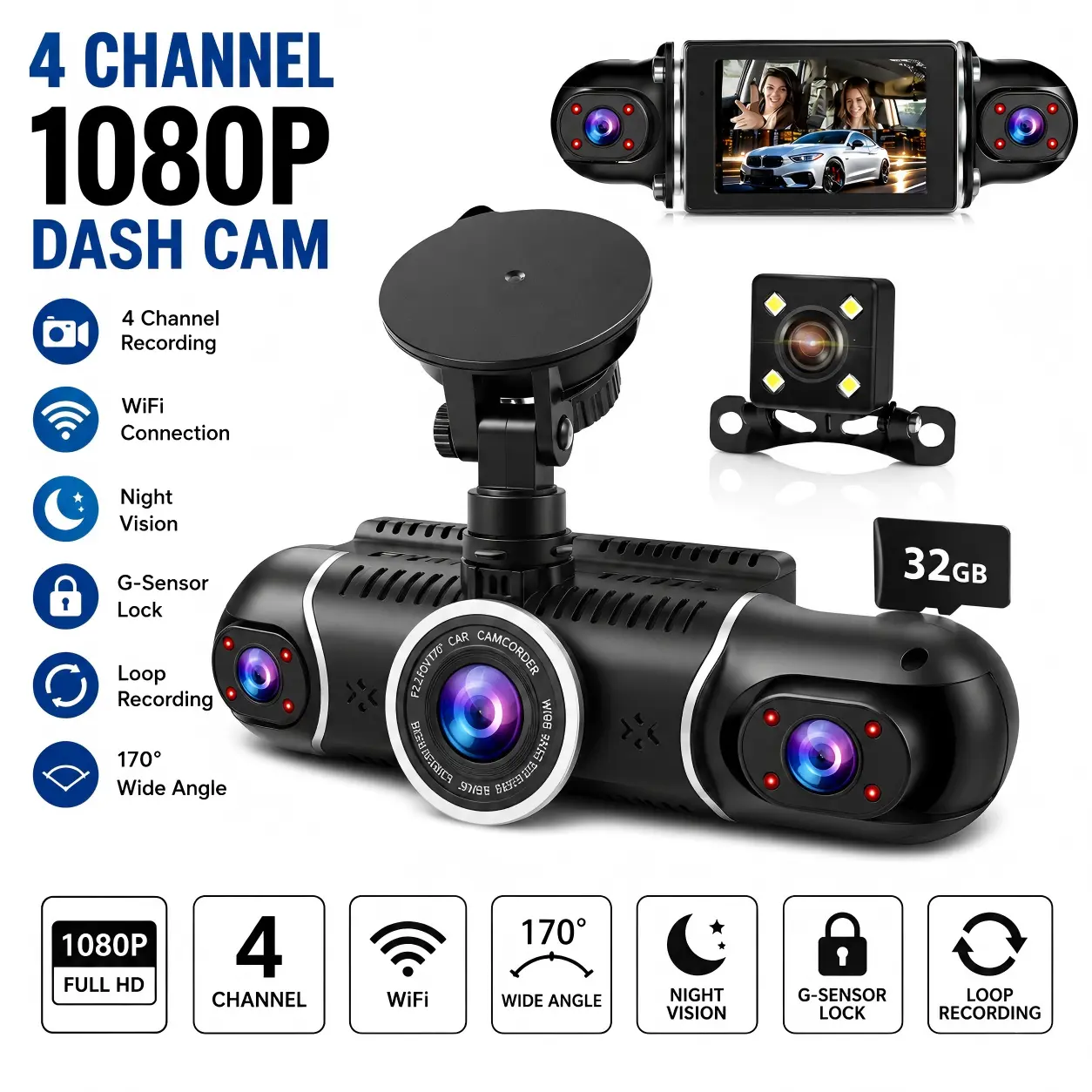 3/4-Channel 1080P Dash Cam for Cars with WiFi, Multi-Angle Recording, Built-In Display, Night Vision, G-Sensor, Loop Recording, Optional 32GB Card