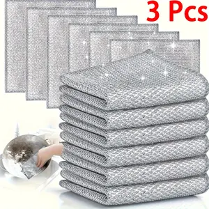 3 Pcs Double Layer Metal Wire Cleaning Cloths, Multi Purpose Non Scratch Rags, Reusable Wire Dish Cloths for Kitchens, Sinks, Pots