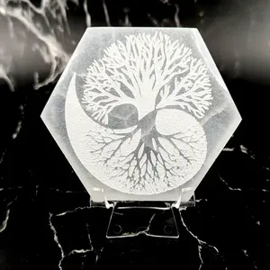 Selenite Hexagon Plate 3.75in Tree of Life Yin Yang