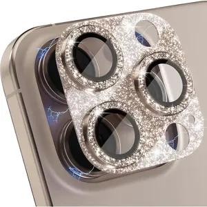 iPhone 16 Pro/iPhone 16 Pro Max Camera Lens Protector, Bling Camera Cover with 9H Tempered Glass Lens Screen Protector Metal Ring Accessories (Glitter-Titanium Desert)