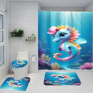 1/4 piece small seahorse design bathroom set, including soft floor mat, toilet seat cushion, shower curtain, creating elegant decoration, home decoration. The floor mat has good rebound, water absorption, anti slip, and is the first choice for gift giving