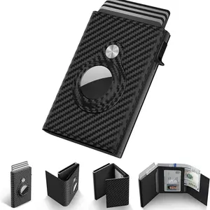 AirTag Compatible RFID Blocking Card Holder - Slim PU Leather Automatic Pop-Up Wallet