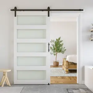 42 x 84 in 5-Panel Glass Barn Door with 7FT Sliding Hardware Kit & Handle, Pre-Drilled Ready to Assemble, Waterproof PVC Coating, White