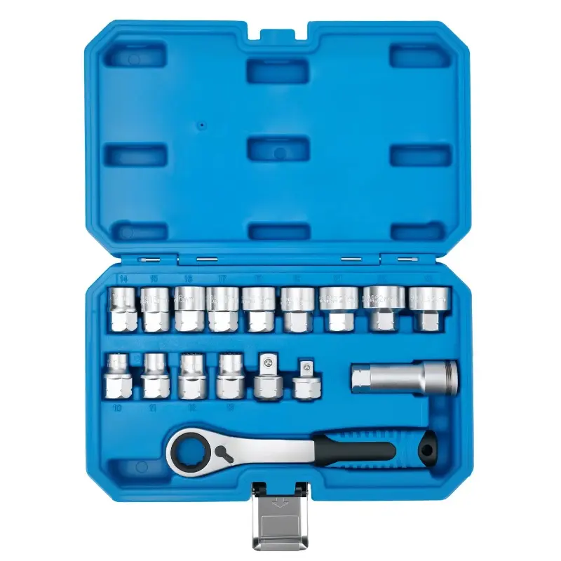 17-Piece Pass Through Drive Socket Set, Metric 10–24mm, Hollow Ratchet Socket Kit for Automotive Repair & Machine Maintenance, Ratchet Combination Wrenches