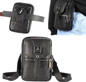 Versatile Adjustable Premium Genuine Leather Holster Crossbody Shoulder 2 in 1 Cell Phone multifunctional Bag for iPhone 16 15 14 13 12 11 Xs X XR Pro Plus Max Men's Detachable Strap with Zipper Pouch Carabiner Phone wallet Unisex Belt Case Waist Bag