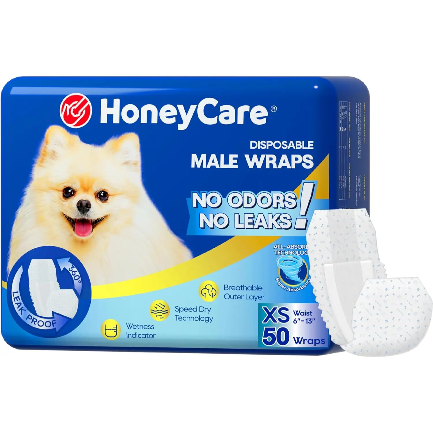 Honey Care Male Dog Diapers XS 50 Pack Leak Proof Belly Bands Disposable Wraps Small Dogs Pee Wrap Breathable Incontinence Training Aid