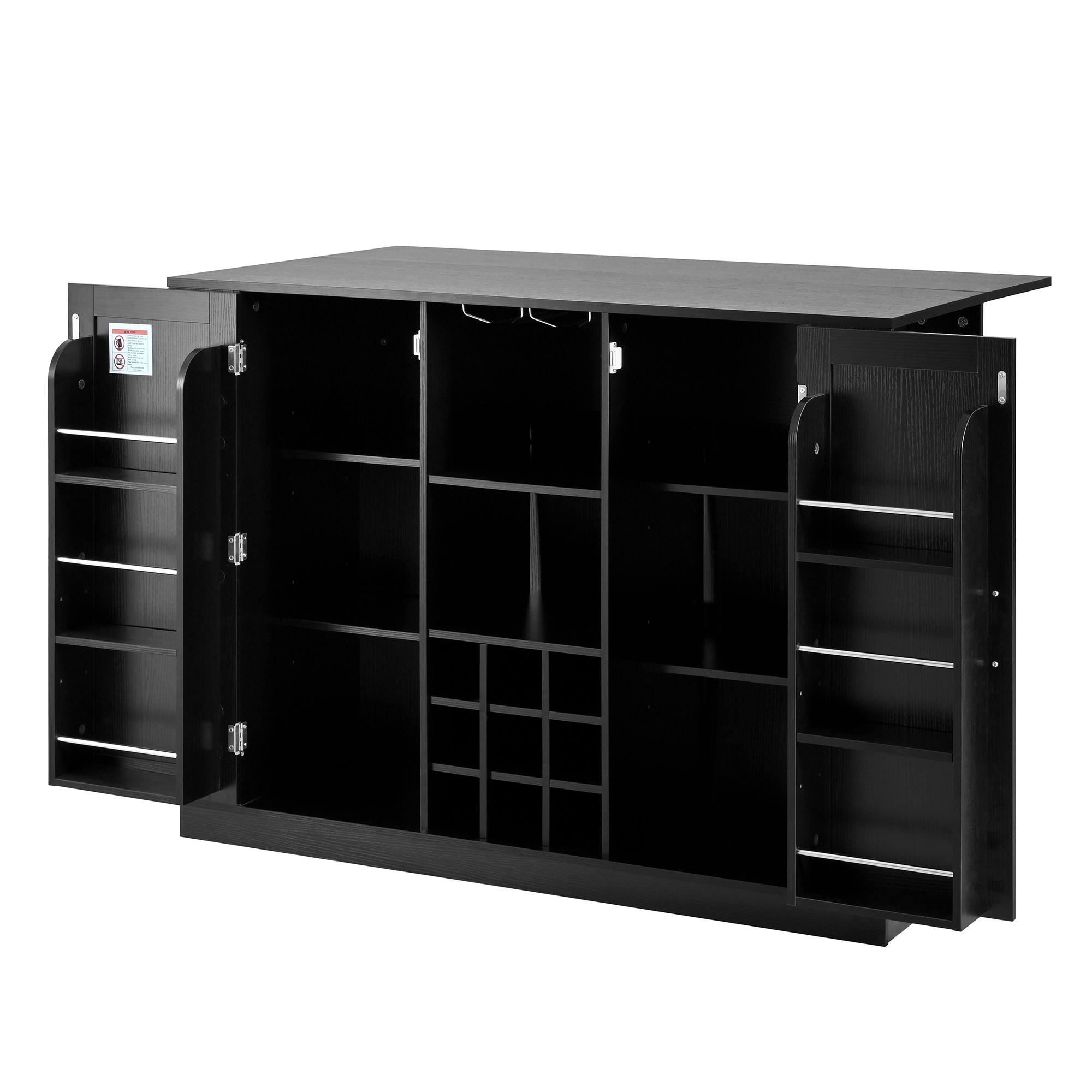 47.2" Multi-functional Extendable Kitchen Island with Drop Leaf, Built-in Power Outlet, Home Coffee Bar Wine Cabinet with Bottle Rack & Glass Holder, 2-Door Buffet Sideboard with Open Side Storage Shelves, Water-resistant Easy Clean MDF, Space Saving