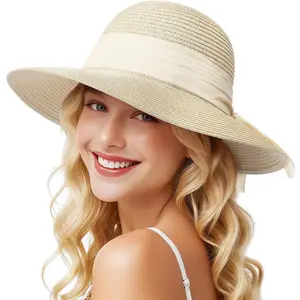 Women's Beach Straw Sun Hat UPF 50+ UV Protection Foldable Floppy Sun HatGift