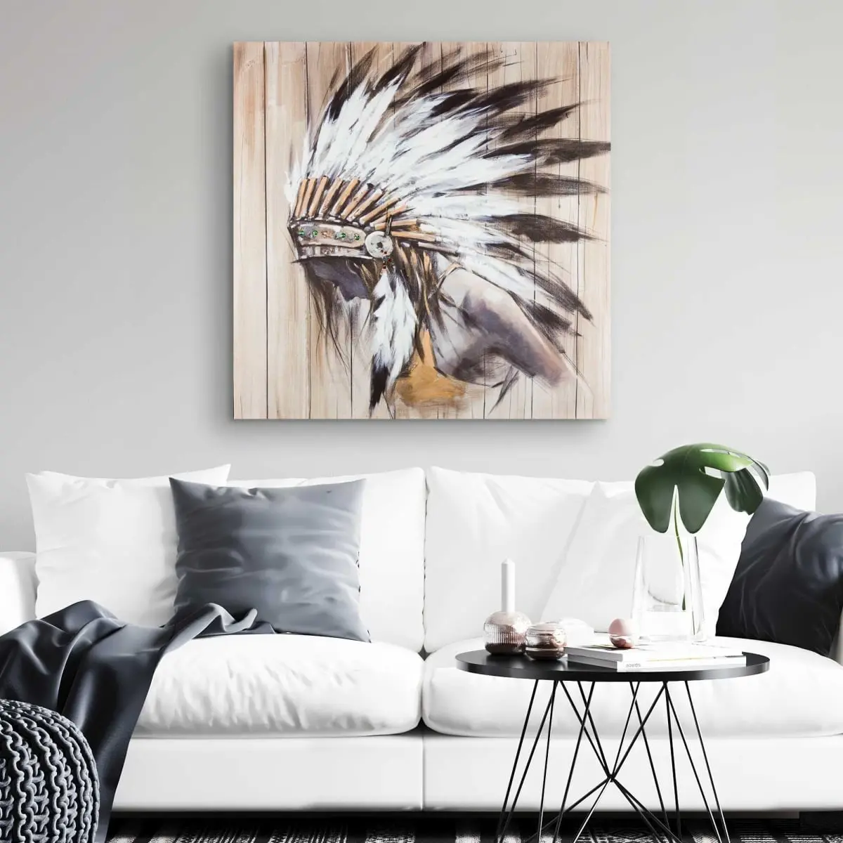 Begin Home Decor C1RC3232R84QST 32 x 32 in. Indian with Feathers - Spiritual Figurative Canvas Art for Home