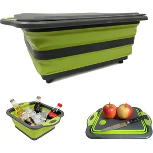 3-in-1 Folding  Boards, Collapsible BBQ Prep Tub with Lid, 9L Container with Strainer, PP+TPR Material  Board, Chopping Board Folds to 1.5Inch Slim for RV, Camping & Small Kitchen