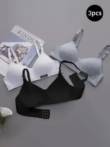 3 Elegant Wireless Bras With Comfortable Textured Design, Breathable Soft Fabric, Adjustable Shoulder Straps, Suitable For Daily Wear And Teenage Development
