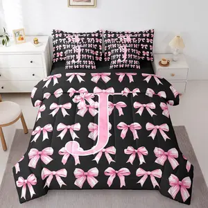 Cute Pink and Black Bow Comforter Set,Preppy Coquette Bows 7 Piece Bedding Set,Girly Modern Bed Sets,Monogram Initial J Birthday Gifts Bed in a Bag
