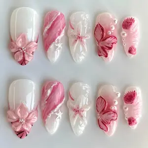 Elegant Almond False Nails Set, 30pcs Medium-Length Glossy Press-On Nails, Butterfly Flower Design, Reusable for Parties & Weddings