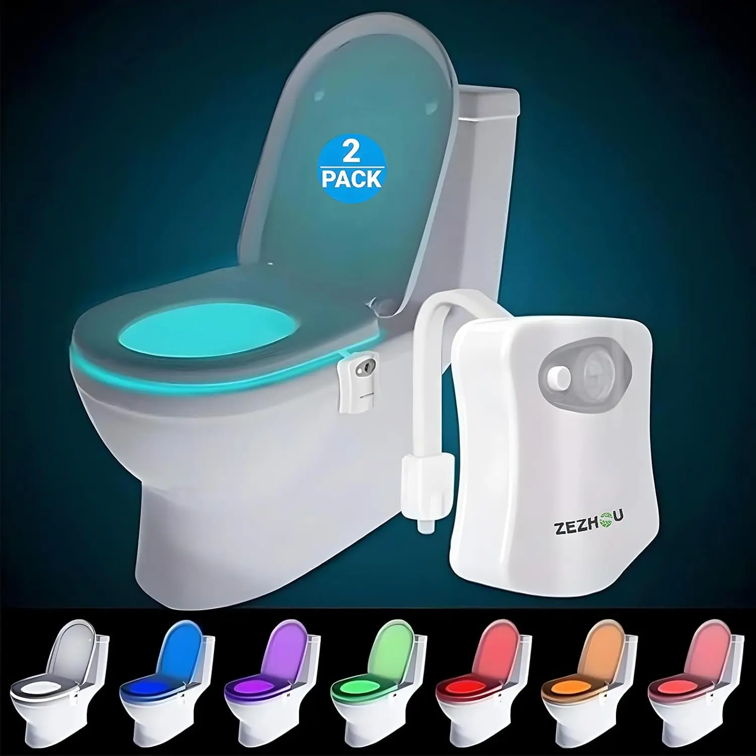 2-Pack Toilet Night Lights, Motion-Activated Plastic LED Gadgets with 8-Color Changing Modes, Flexible Arm Fit, 2-Pack Coverage, Fits Any Bowl, Bathroom Bowl Decor for Family, 2 Toilet Lights