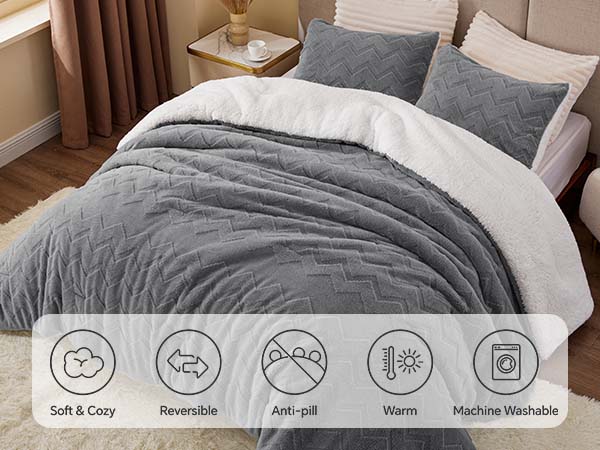 BEDELITE Wave Fluffy Sherpa Comforter Set, Super Soft Sherpa Comforter for Twin Queen KIng Size Bed, Luxury Warm Bedding Set for Winter, Fuzzy Bed Set